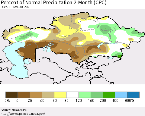 Kazakhstan Percent of Normal Precipitation 2-Month (CPC) Thematic Map For 10/1/2021 - 11/30/2021