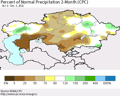 Kazakhstan Percent of Normal Precipitation 2-Month (CPC) Thematic Map For 10/6/2021 - 12/5/2021