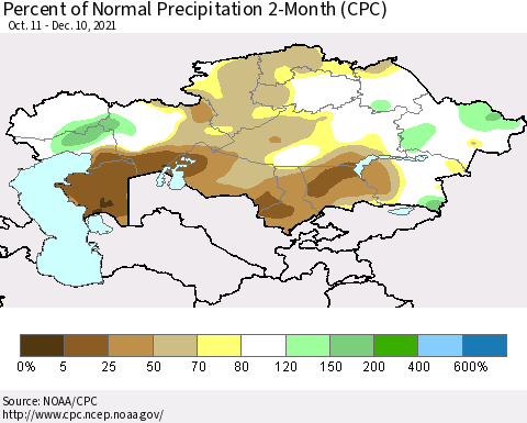 Kazakhstan Percent of Normal Precipitation 2-Month (CPC) Thematic Map For 10/11/2021 - 12/10/2021
