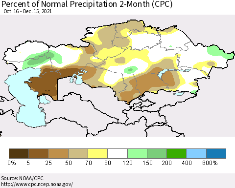 Kazakhstan Percent of Normal Precipitation 2-Month (CPC) Thematic Map For 10/16/2021 - 12/15/2021