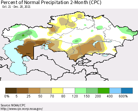 Kazakhstan Percent of Normal Precipitation 2-Month (CPC) Thematic Map For 10/21/2021 - 12/20/2021