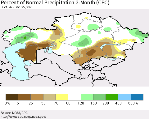 Kazakhstan Percent of Normal Precipitation 2-Month (CPC) Thematic Map For 10/26/2021 - 12/25/2021