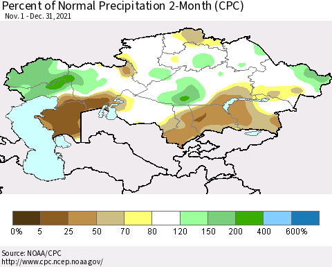 Kazakhstan Percent of Normal Precipitation 2-Month (CPC) Thematic Map For 11/1/2021 - 12/31/2021