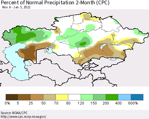 Kazakhstan Percent of Normal Precipitation 2-Month (CPC) Thematic Map For 11/6/2021 - 1/5/2022