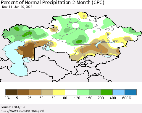 Kazakhstan Percent of Normal Precipitation 2-Month (CPC) Thematic Map For 11/11/2021 - 1/10/2022
