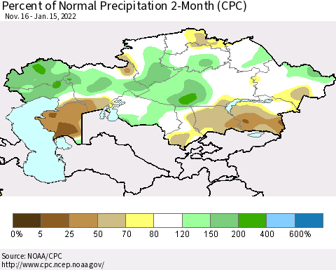 Kazakhstan Percent of Normal Precipitation 2-Month (CPC) Thematic Map For 11/16/2021 - 1/15/2022