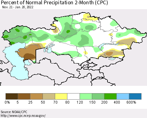 Kazakhstan Percent of Normal Precipitation 2-Month (CPC) Thematic Map For 11/21/2021 - 1/20/2022