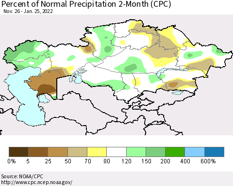 Kazakhstan Percent of Normal Precipitation 2-Month (CPC) Thematic Map For 11/26/2021 - 1/25/2022