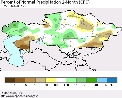 Kazakhstan Percent of Normal Precipitation 2-Month (CPC) Thematic Map For 12/1/2021 - 1/31/2022