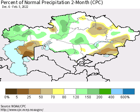 Kazakhstan Percent of Normal Precipitation 2-Month (CPC) Thematic Map For 12/6/2021 - 2/5/2022