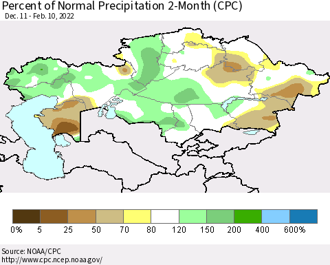 Kazakhstan Percent of Normal Precipitation 2-Month (CPC) Thematic Map For 12/11/2021 - 2/10/2022