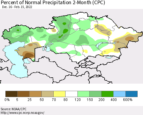 Kazakhstan Percent of Normal Precipitation 2-Month (CPC) Thematic Map For 12/16/2021 - 2/15/2022