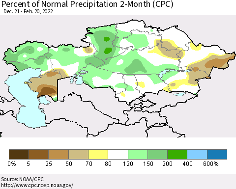 Kazakhstan Percent of Normal Precipitation 2-Month (CPC) Thematic Map For 12/21/2021 - 2/20/2022