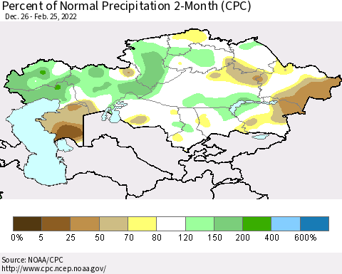 Kazakhstan Percent of Normal Precipitation 2-Month (CPC) Thematic Map For 12/26/2021 - 2/25/2022