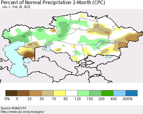 Kazakhstan Percent of Normal Precipitation 2-Month (CPC) Thematic Map For 1/1/2022 - 2/28/2022