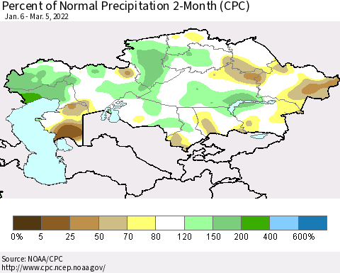 Kazakhstan Percent of Normal Precipitation 2-Month (CPC) Thematic Map For 1/6/2022 - 3/5/2022