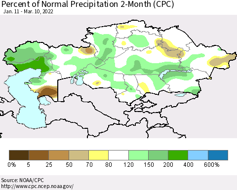 Kazakhstan Percent of Normal Precipitation 2-Month (CPC) Thematic Map For 1/11/2022 - 3/10/2022