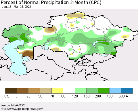 Kazakhstan Percent of Normal Precipitation 2-Month (CPC) Thematic Map For 1/16/2022 - 3/15/2022