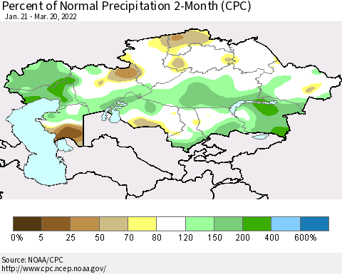 Kazakhstan Percent of Normal Precipitation 2-Month (CPC) Thematic Map For 1/21/2022 - 3/20/2022
