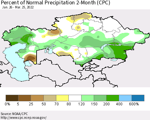 Kazakhstan Percent of Normal Precipitation 2-Month (CPC) Thematic Map For 1/26/2022 - 3/25/2022