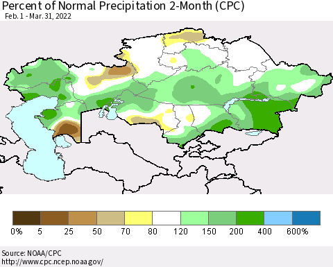 Kazakhstan Percent of Normal Precipitation 2-Month (CPC) Thematic Map For 2/1/2022 - 3/31/2022