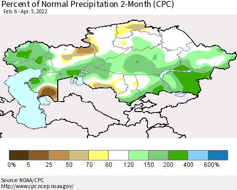 Kazakhstan Percent of Normal Precipitation 2-Month (CPC) Thematic Map For 2/6/2022 - 4/5/2022