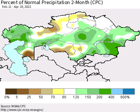 Kazakhstan Percent of Normal Precipitation 2-Month (CPC) Thematic Map For 2/11/2022 - 4/10/2022
