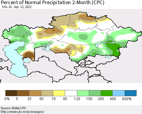 Kazakhstan Percent of Normal Precipitation 2-Month (CPC) Thematic Map For 2/16/2022 - 4/15/2022