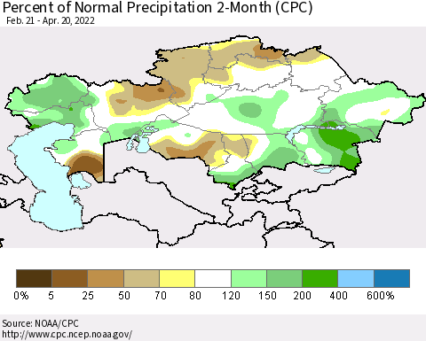 Kazakhstan Percent of Normal Precipitation 2-Month (CPC) Thematic Map For 2/21/2022 - 4/20/2022