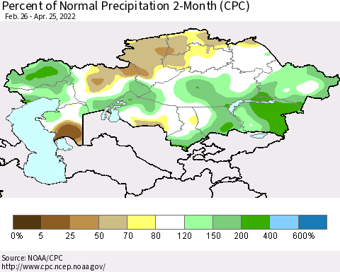 Kazakhstan Percent of Normal Precipitation 2-Month (CPC) Thematic Map For 2/26/2022 - 4/25/2022