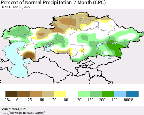 Kazakhstan Percent of Normal Precipitation 2-Month (CPC) Thematic Map For 3/1/2022 - 4/30/2022