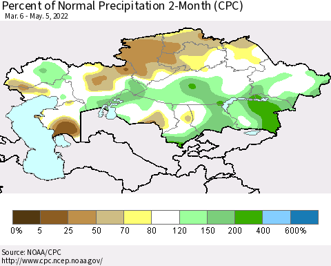 Kazakhstan Percent of Normal Precipitation 2-Month (CPC) Thematic Map For 3/6/2022 - 5/5/2022