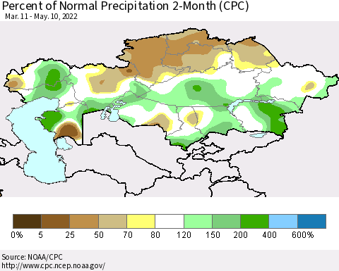 Kazakhstan Percent of Normal Precipitation 2-Month (CPC) Thematic Map For 3/11/2022 - 5/10/2022