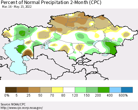Kazakhstan Percent of Normal Precipitation 2-Month (CPC) Thematic Map For 3/16/2022 - 5/15/2022