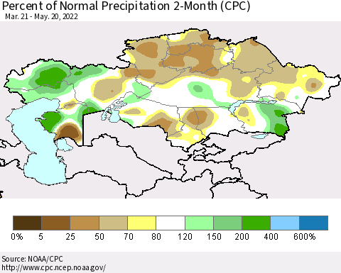 Kazakhstan Percent of Normal Precipitation 2-Month (CPC) Thematic Map For 3/21/2022 - 5/20/2022