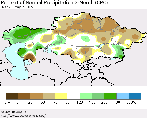 Kazakhstan Percent of Normal Precipitation 2-Month (CPC) Thematic Map For 3/26/2022 - 5/25/2022