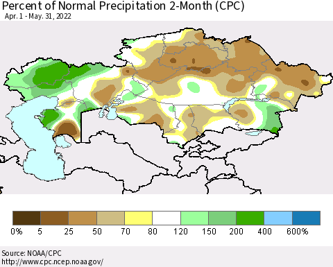 Kazakhstan Percent of Normal Precipitation 2-Month (CPC) Thematic Map For 4/1/2022 - 5/31/2022