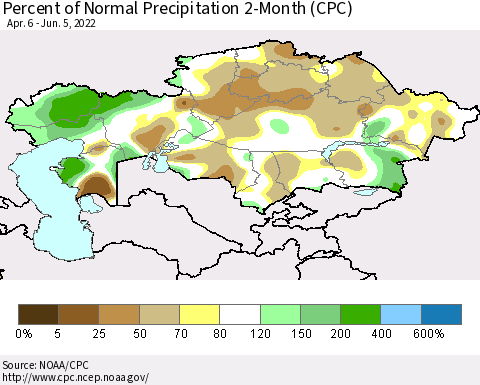 Kazakhstan Percent of Normal Precipitation 2-Month (CPC) Thematic Map For 4/6/2022 - 6/5/2022