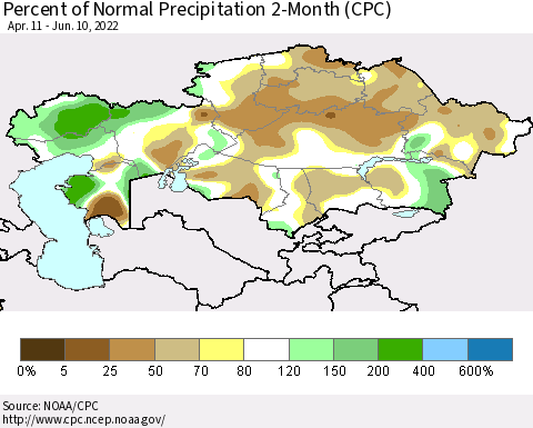 Kazakhstan Percent of Normal Precipitation 2-Month (CPC) Thematic Map For 4/11/2022 - 6/10/2022