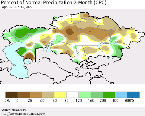 Kazakhstan Percent of Normal Precipitation 2-Month (CPC) Thematic Map For 4/16/2022 - 6/15/2022