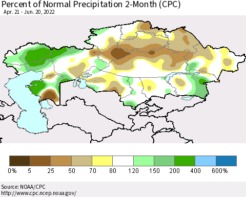 Kazakhstan Percent of Normal Precipitation 2-Month (CPC) Thematic Map For 4/21/2022 - 6/20/2022