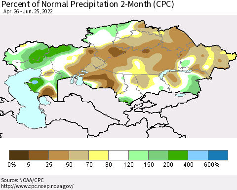 Kazakhstan Percent of Normal Precipitation 2-Month (CPC) Thematic Map For 4/26/2022 - 6/25/2022