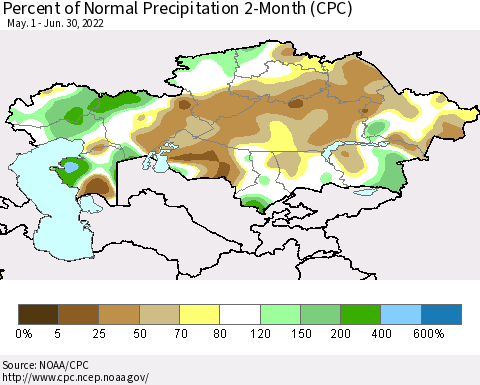 Kazakhstan Percent of Normal Precipitation 2-Month (CPC) Thematic Map For 5/1/2022 - 6/30/2022