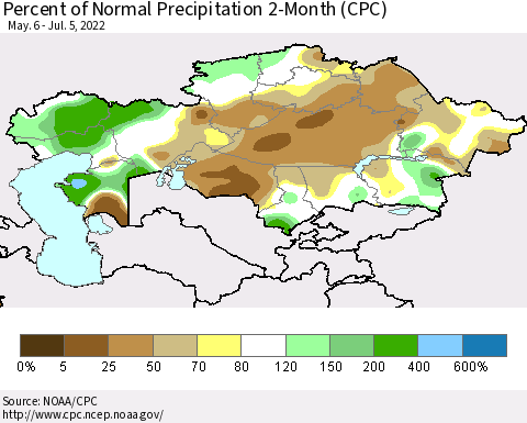 Kazakhstan Percent of Normal Precipitation 2-Month (CPC) Thematic Map For 5/6/2022 - 7/5/2022