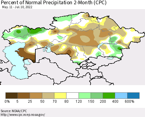 Kazakhstan Percent of Normal Precipitation 2-Month (CPC) Thematic Map For 5/11/2022 - 7/10/2022