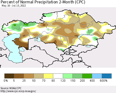 Kazakhstan Percent of Normal Precipitation 2-Month (CPC) Thematic Map For 5/16/2022 - 7/15/2022