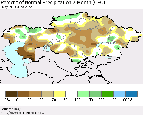 Kazakhstan Percent of Normal Precipitation 2-Month (CPC) Thematic Map For 5/21/2022 - 7/20/2022