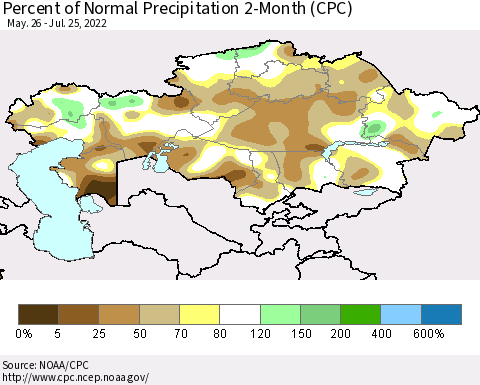 Kazakhstan Percent of Normal Precipitation 2-Month (CPC) Thematic Map For 5/26/2022 - 7/25/2022