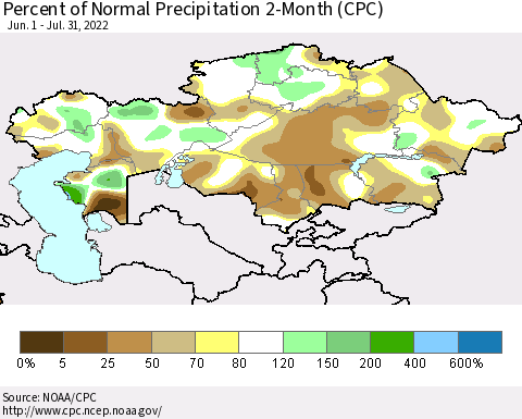 Kazakhstan Percent of Normal Precipitation 2-Month (CPC) Thematic Map For 6/1/2022 - 7/31/2022
