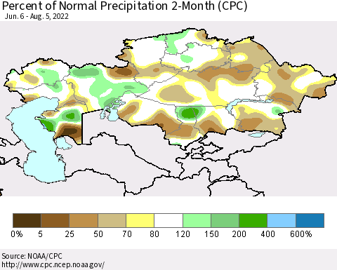 Kazakhstan Percent of Normal Precipitation 2-Month (CPC) Thematic Map For 6/6/2022 - 8/5/2022